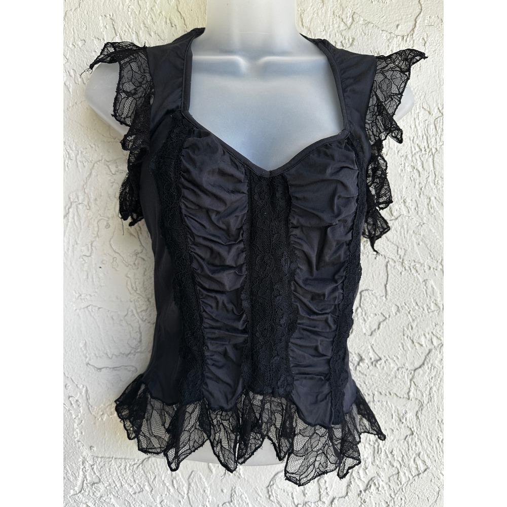 Ann Ferriday Y2K Vtg Top One Size Black Lace Sheer Ruffle Whimsygoth Fairy Boho